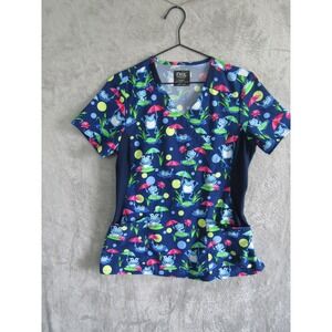 Cherokee iFlex Scrub Top Small Navy Blue Frog Umbrella Print Mock Wrap V-Neck